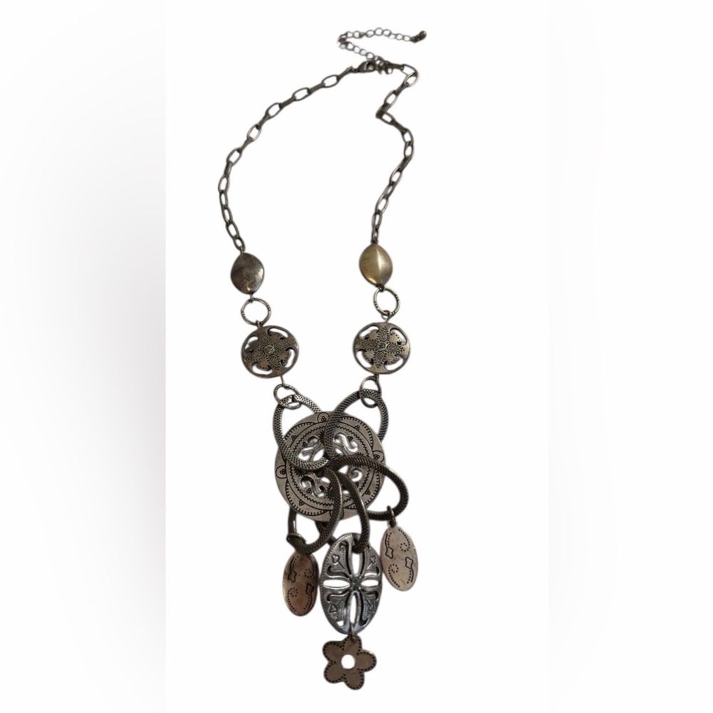 #639 Antique Inspired‎ Silver Boho Medallion & Charms Layered Necklace